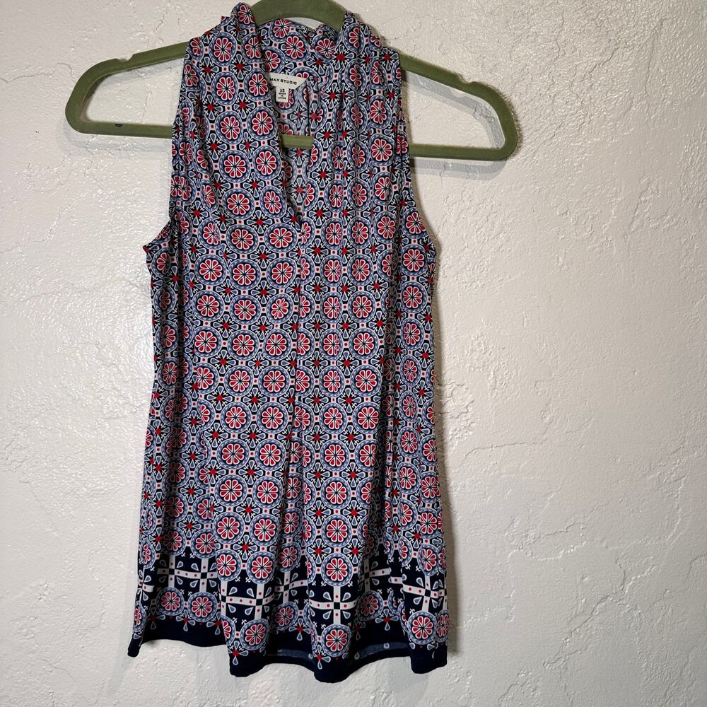 Max Studio Sleeveless Knit Blouse Size XS Red White Blue Print Boho Cottage